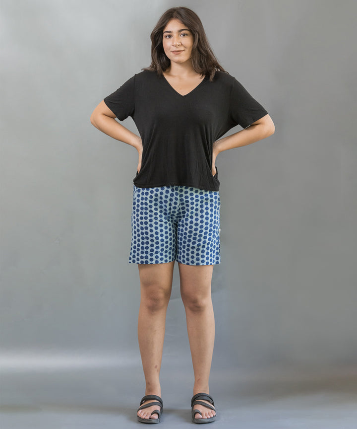 Indigo handblock printed cotton polka dot short