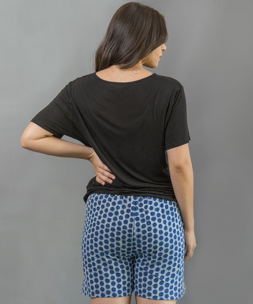 Indigo handblock printed cotton polka dot short