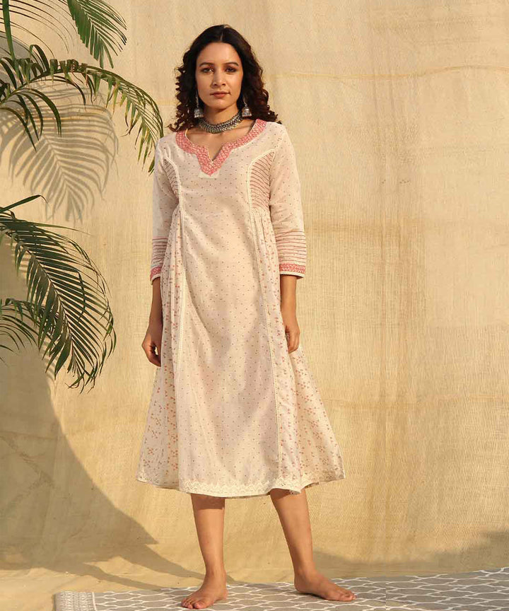 Offwhite hand block printed chanderi silk midi dress