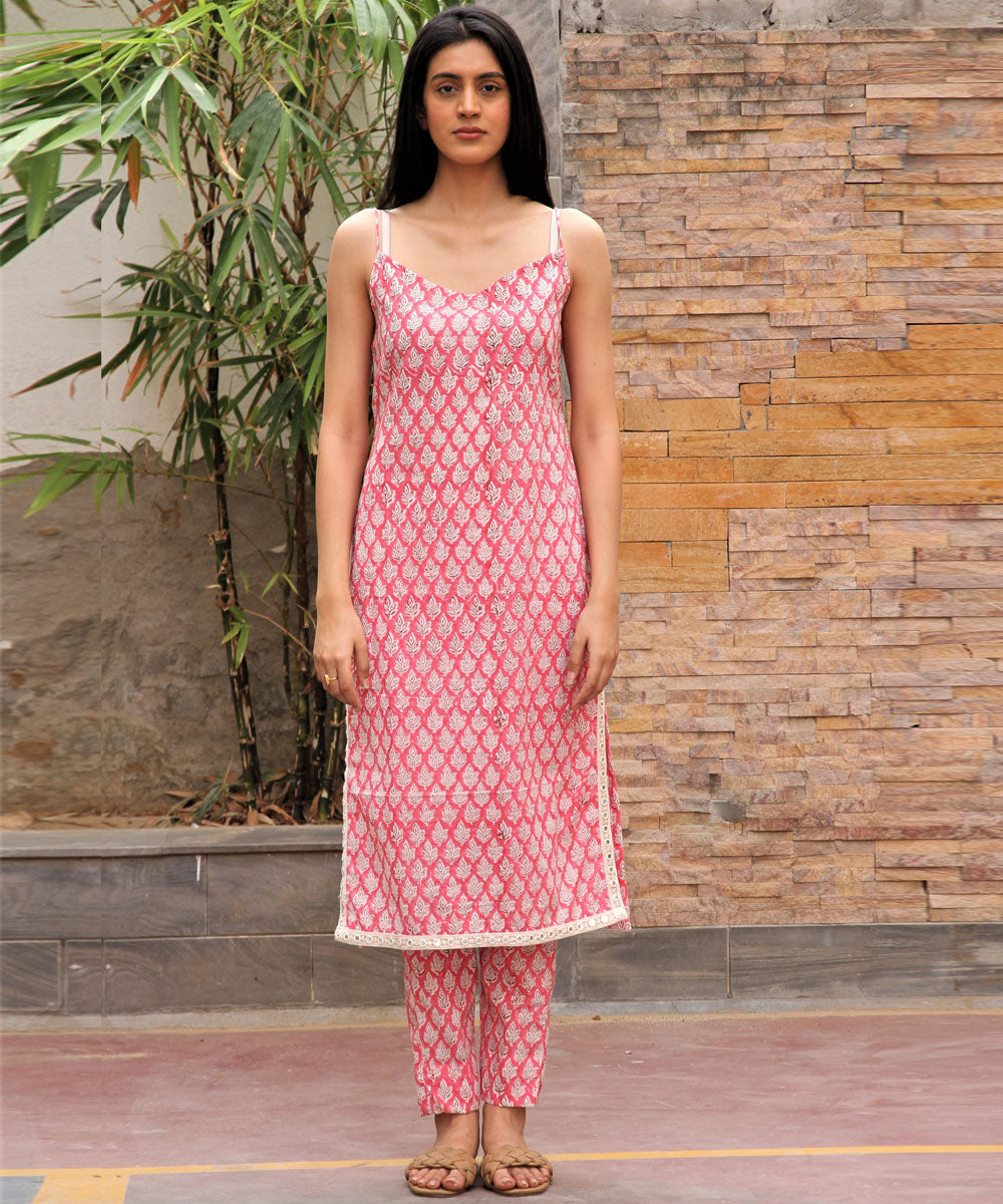 Pink hand block printed cotton kurta and pant set