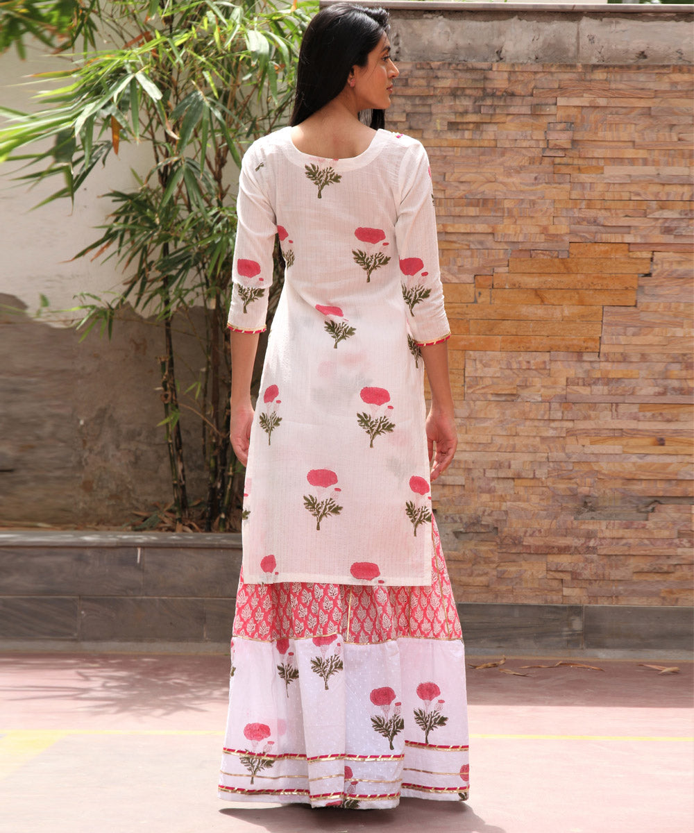 White pink hand block printed cotton gharara suit set of 3