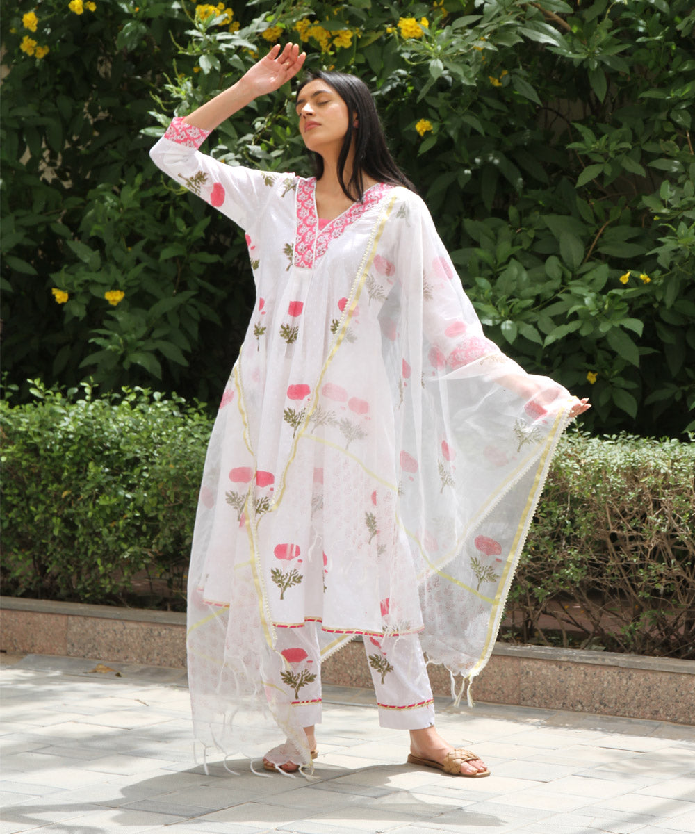 White red hand block printed cotton suit set of – GoSwadeshi