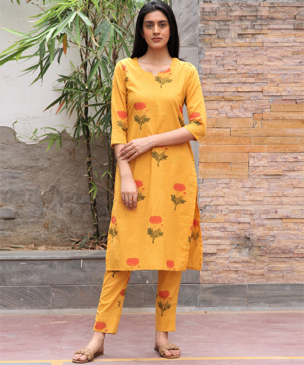 Yellow hand block printed cotton suit set of 3