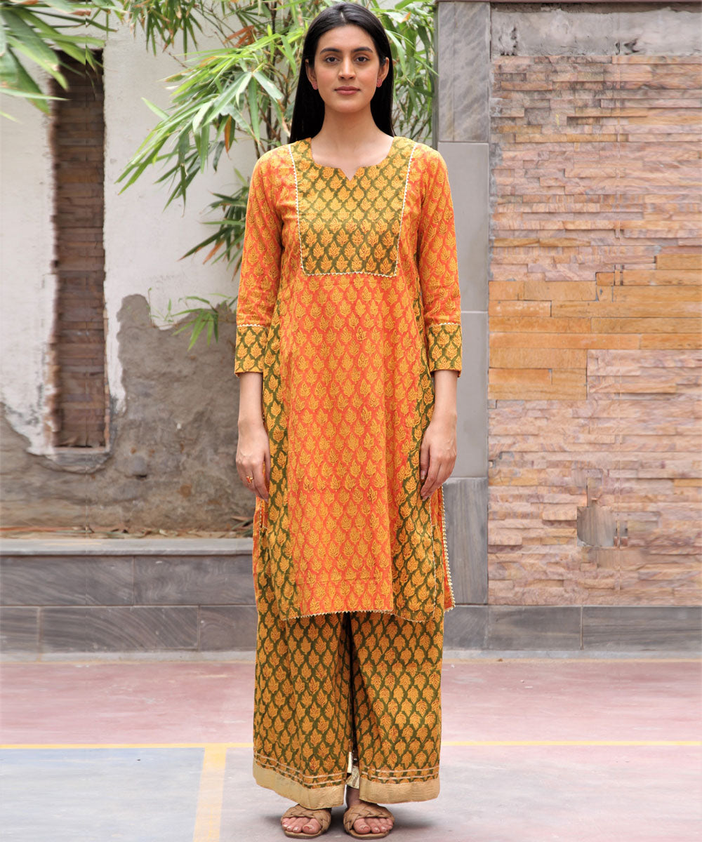 Orange hand block printed cotton gharara suit set of 3
