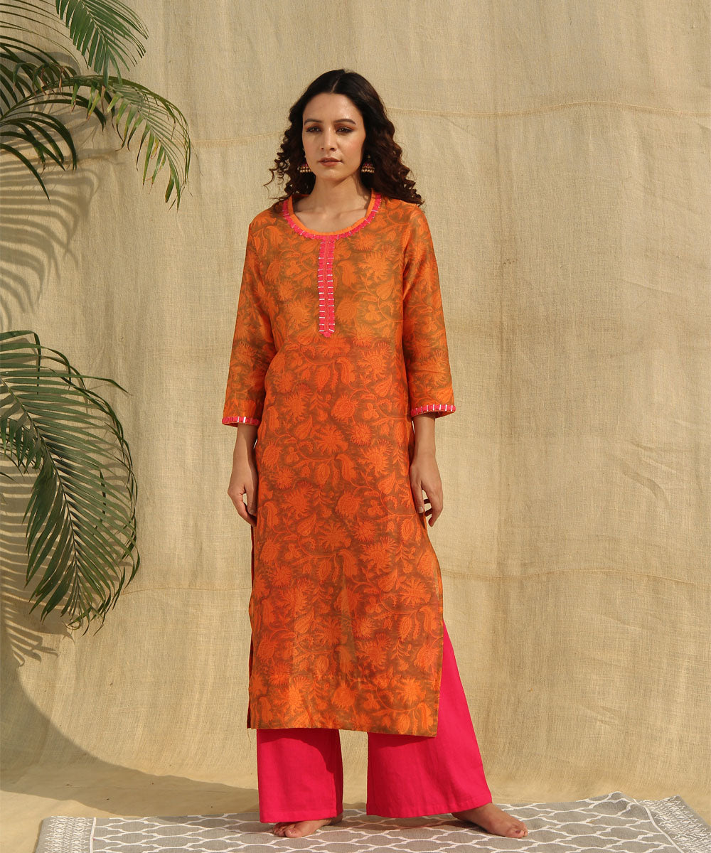 Orange red handblock printed chanderi silk kurta set of-2