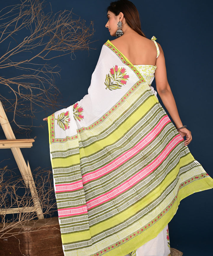 Offwhite multicolor pallu Hand Block Printed Cotton Saree