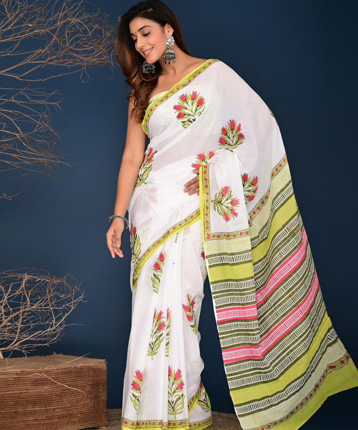 Offwhite multicolor pallu Hand Block Printed Cotton Saree