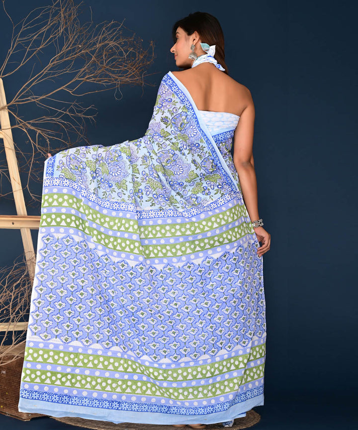 Offwite Blue Hand Block Printed Cotton Saree