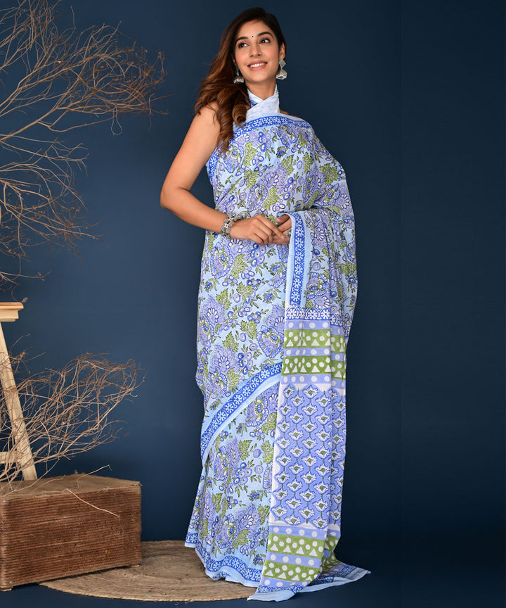 Offwite Blue Hand Block Printed Cotton Saree