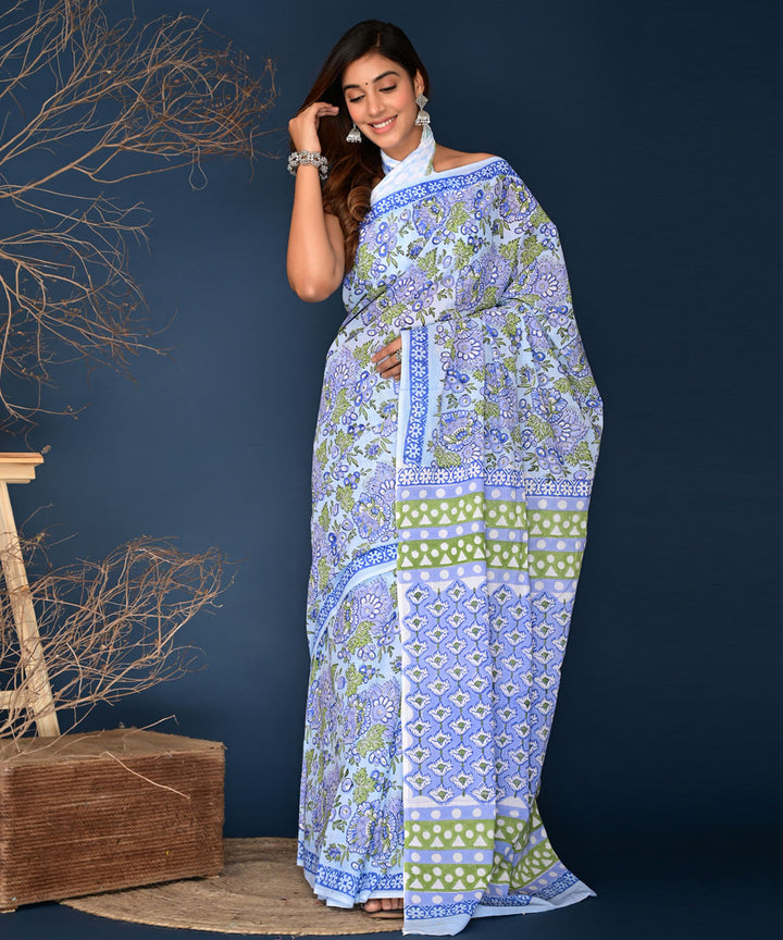 Offwite Blue Hand Block Printed Cotton Saree