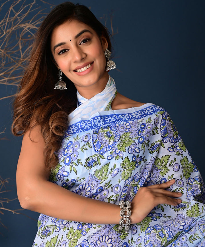 Offwite Blue Hand Block Printed Cotton Saree
