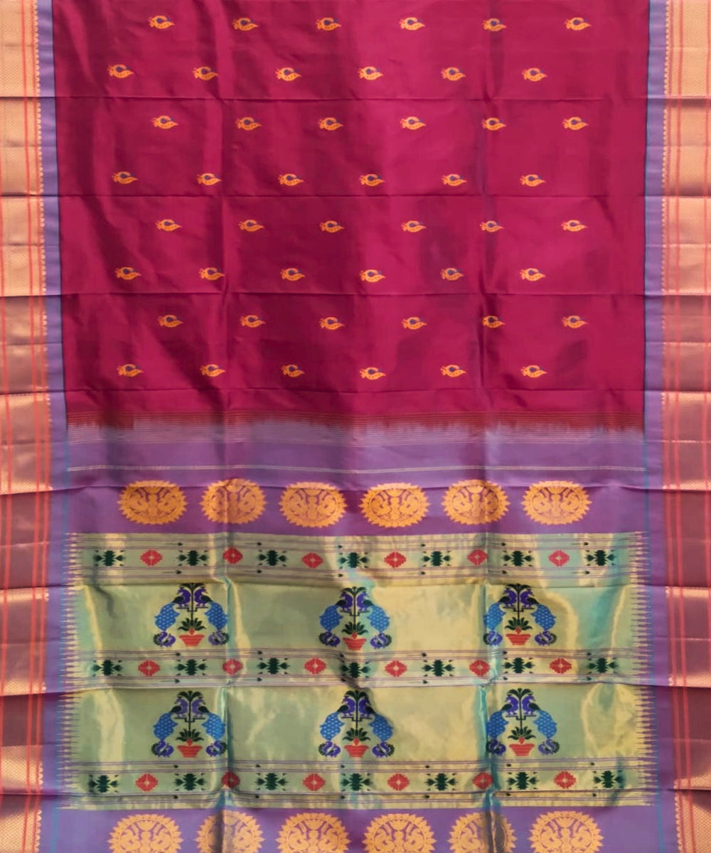 Wine peacock butti silk handloom paithani saree