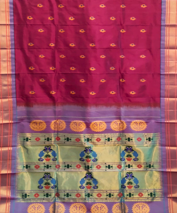Wine peacock butti silk handloom paithani saree