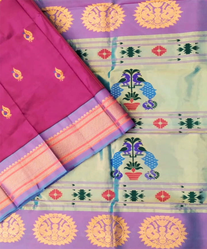 Wine peacock butti silk handloom paithani saree