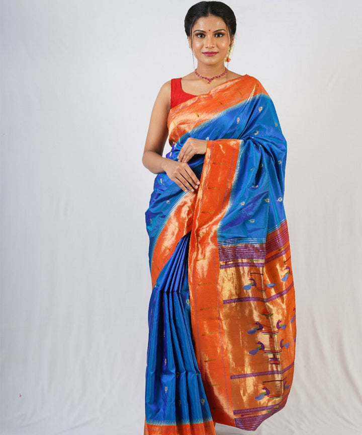 Turquoise silk muniya handloom paithani saree