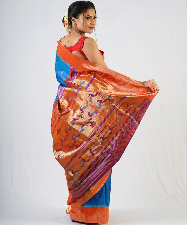 Turquoise silk muniya handloom paithani saree