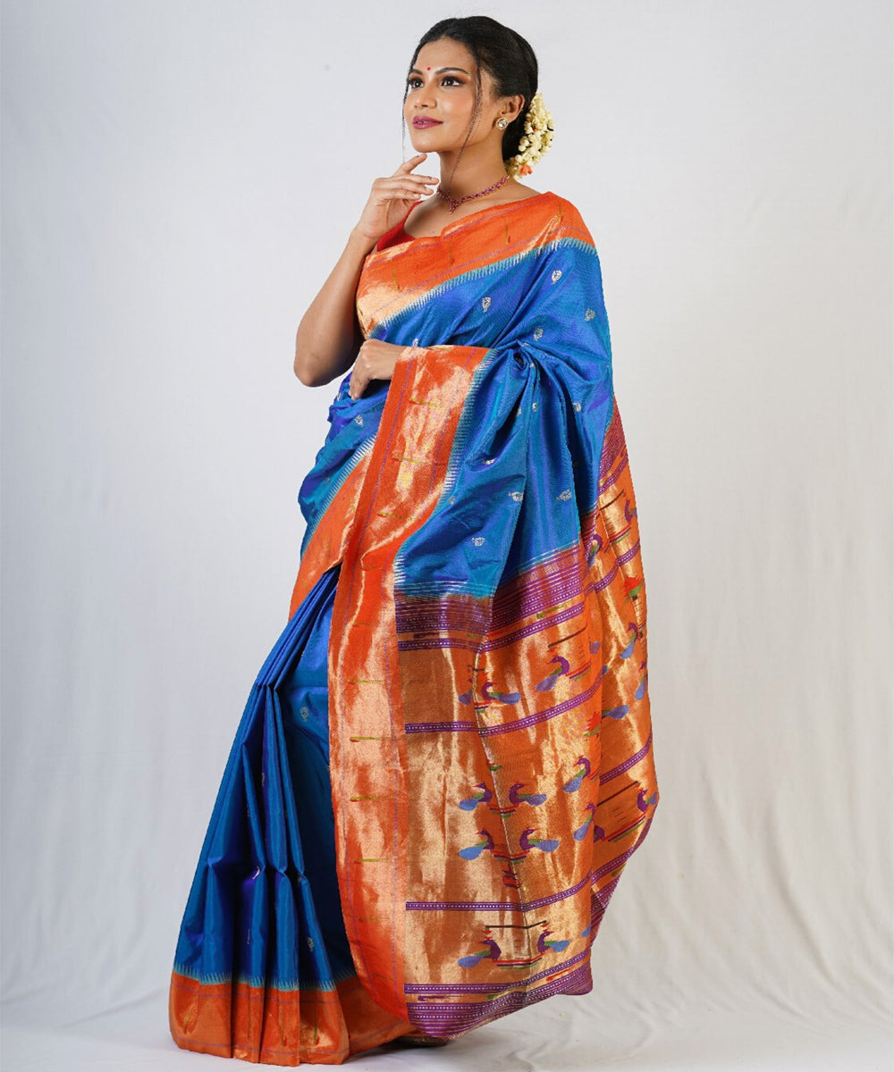 Turquoise silk muniya handloom paithani saree