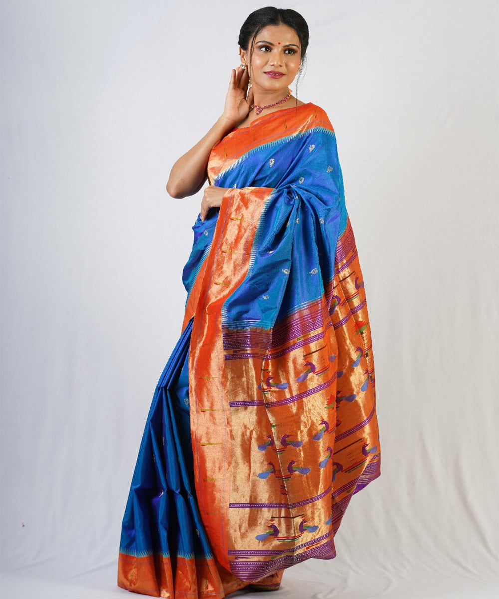 Turquoise silk muniya handloom paithani saree