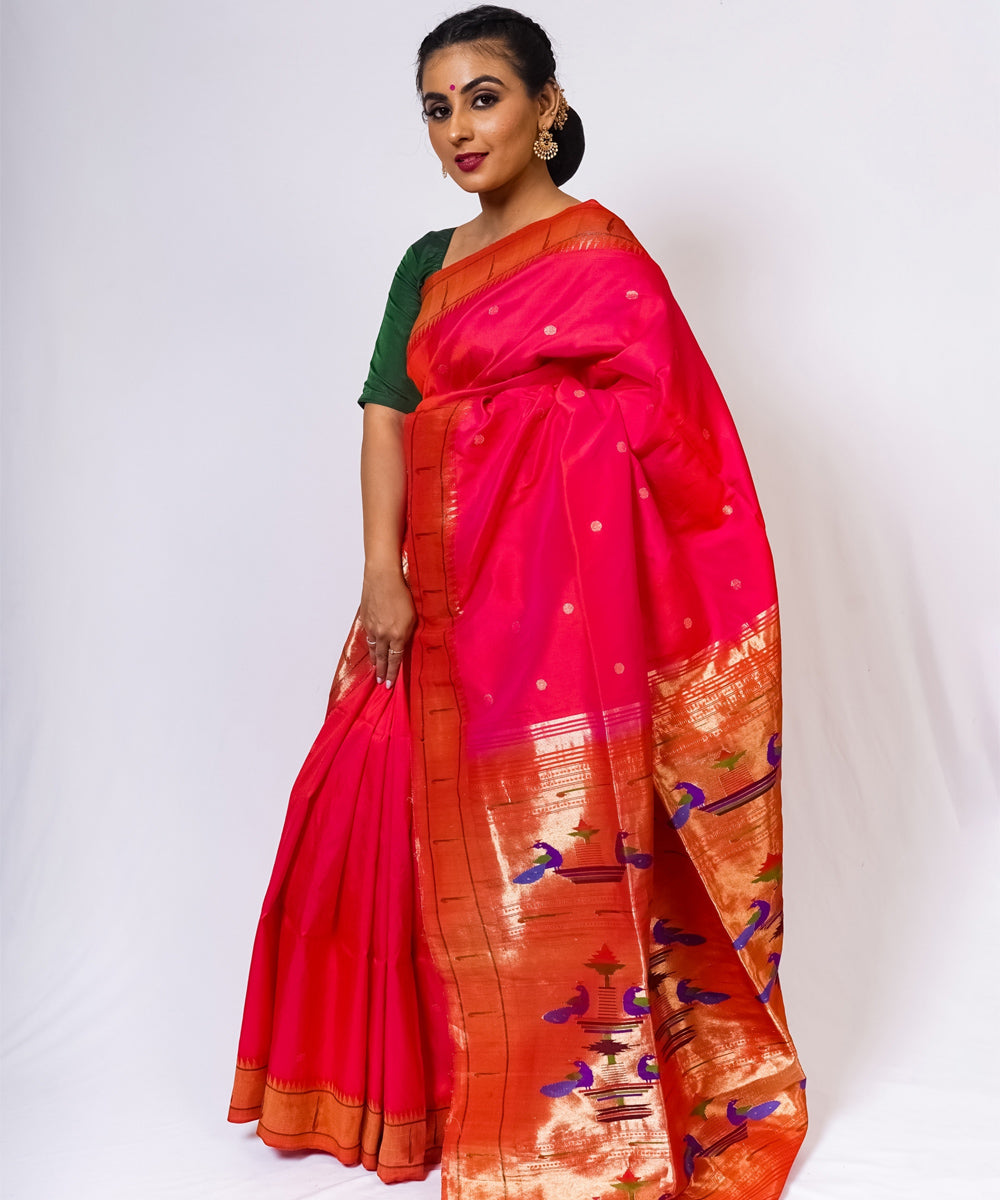 Fuchsia pink muniya border silk handloom paithani saree
