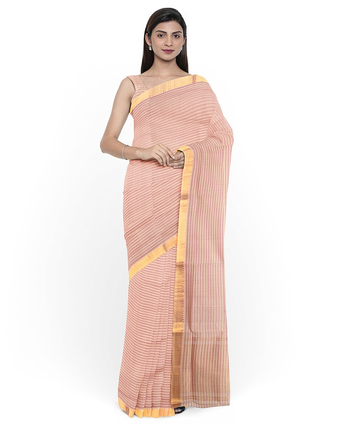 Beige gold zari missing checks handwoven mangalagiri cotton saree