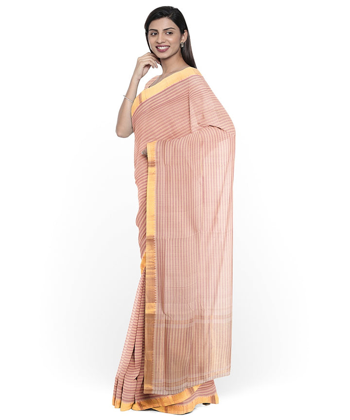 Beige gold zari missing checks handwoven mangalagiri cotton saree