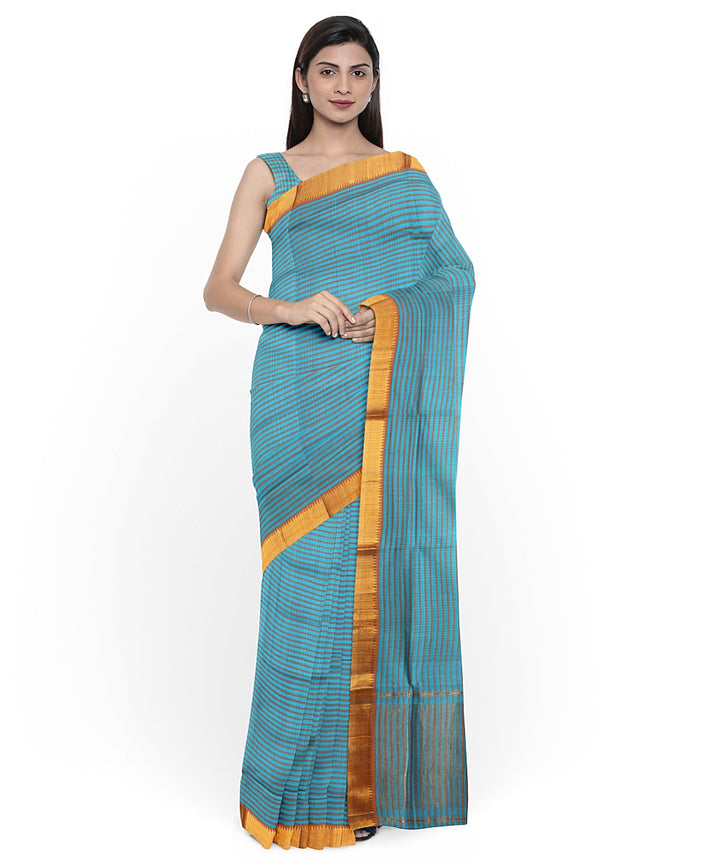 Cyan blue gold zari checks handwoven mangalagiri cotton saree