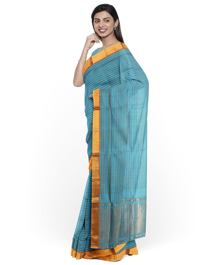 Cyan blue gold zari checks handwoven mangalagiri cotton saree