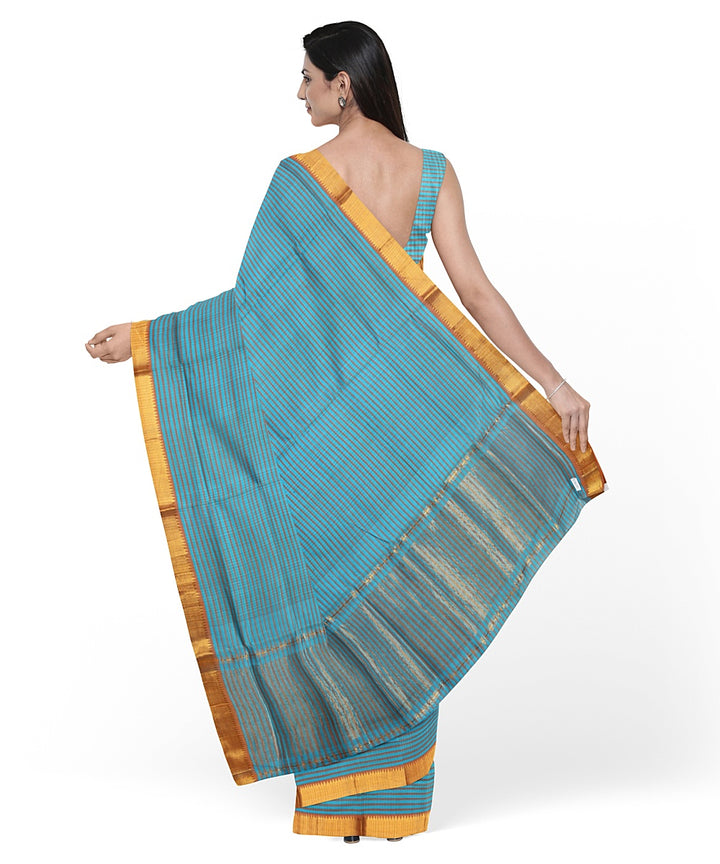 Cyan blue gold zari checks handwoven mangalagiri cotton saree