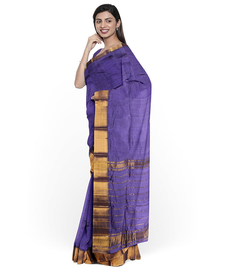 Navy blue gold zari border handwoven cotton silk mangalagiri saree