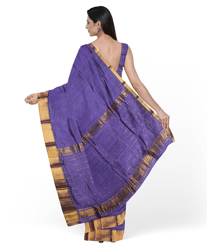Navy blue gold zari border handwoven cotton silk mangalagiri saree