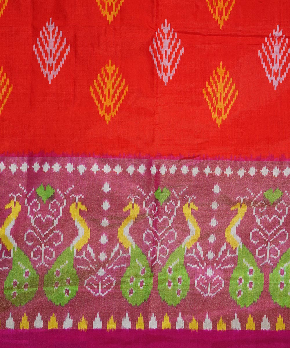 Orange pink silk handwoven ikat pochampally saree