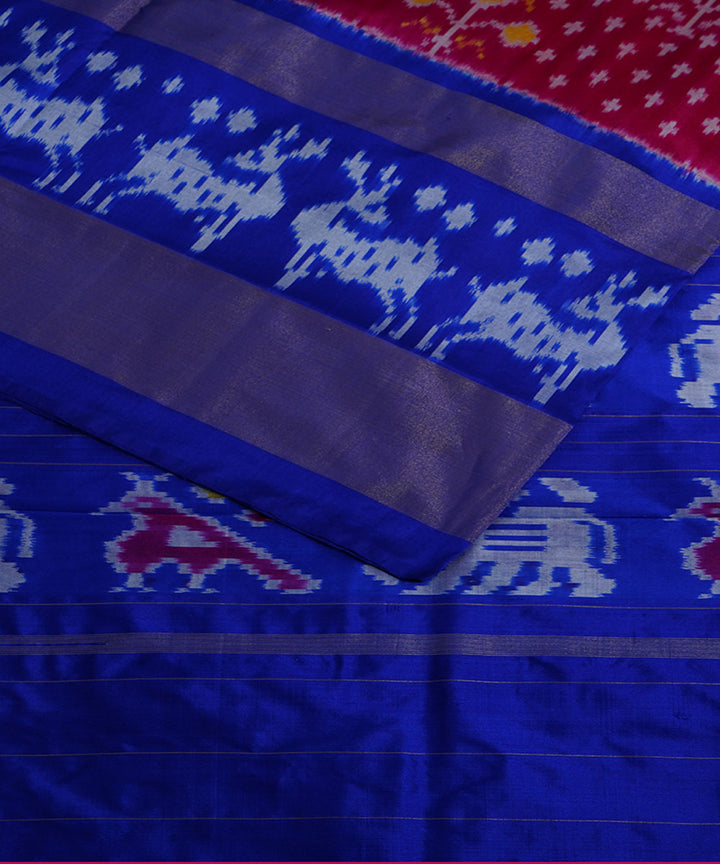 Red blue silk handwoven ikat pochampally saree