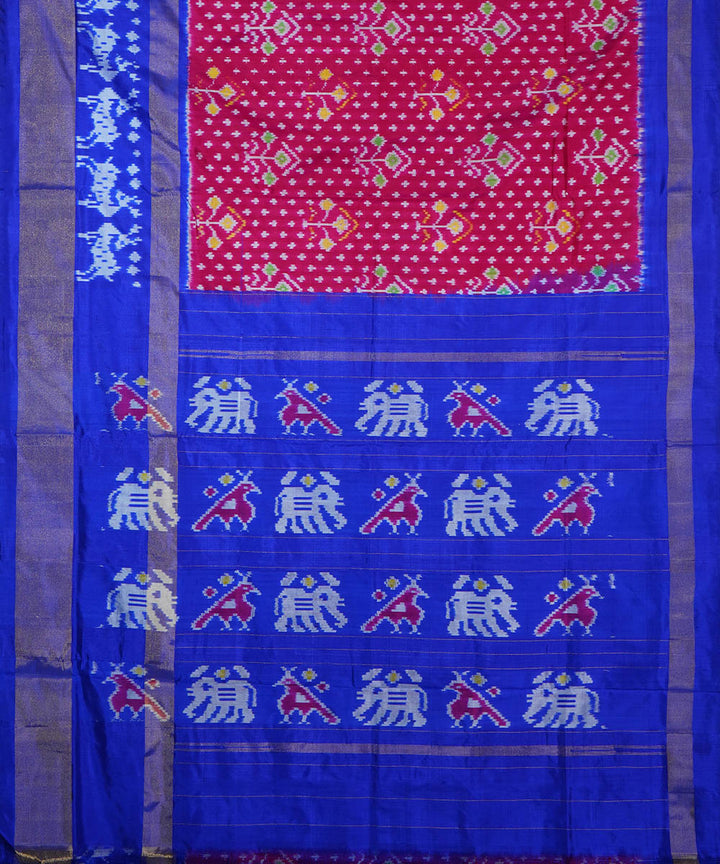 Red blue silk handwoven ikat pochampally saree
