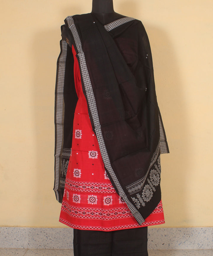 Red black handwoven cotton bomkai dress material