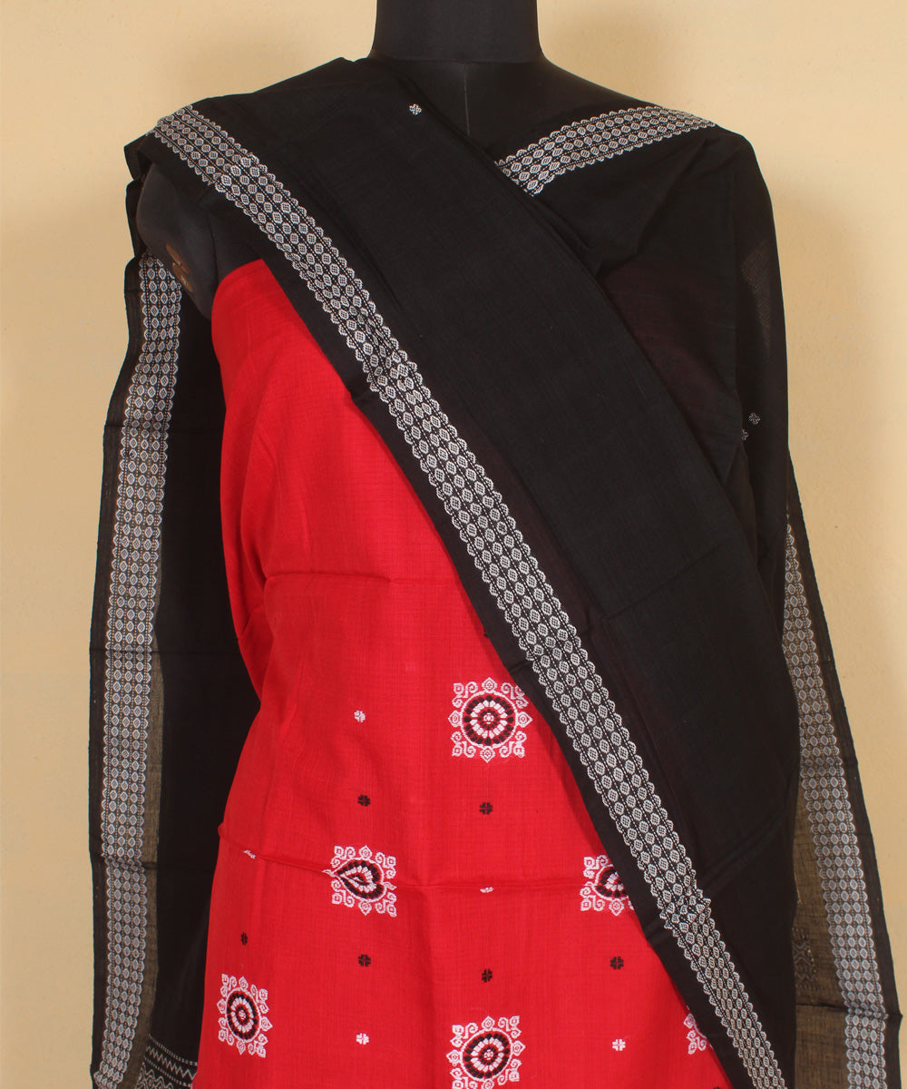 Red black handwoven cotton bomkai dress material