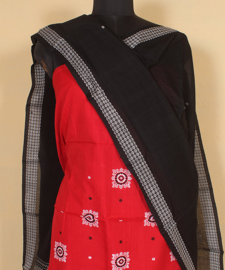 Red black handwoven cotton bomkai dress material