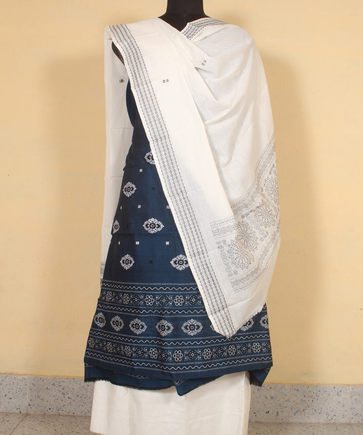 Cyan blue white handloom cotton bomkai dress material