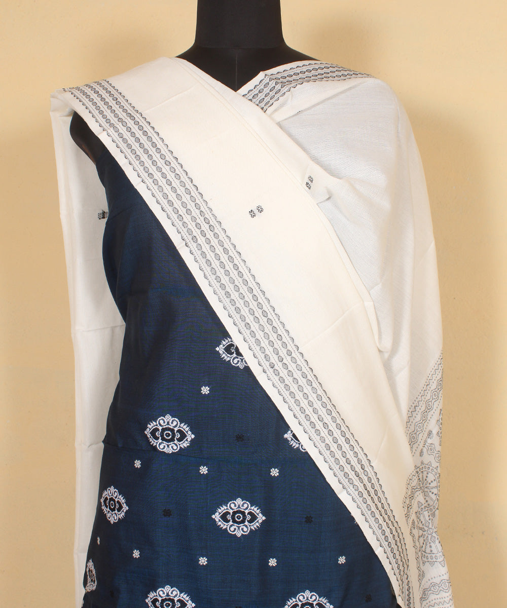 Cyan blue white handloom cotton bomkai dress material