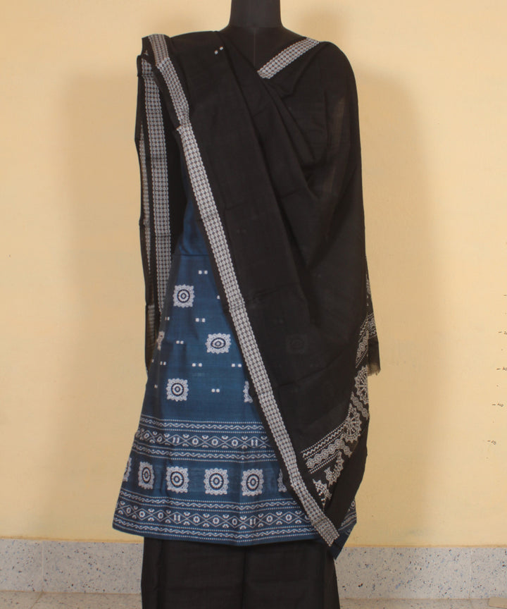 Cyan blue white handwoven cotton bomkai dress material