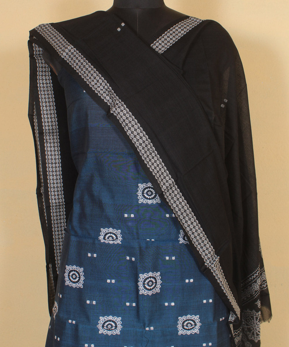 Cyan blue white handwoven cotton bomkai dress material