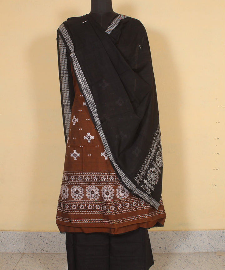 Brown white handwoven cotton bomkai dress material