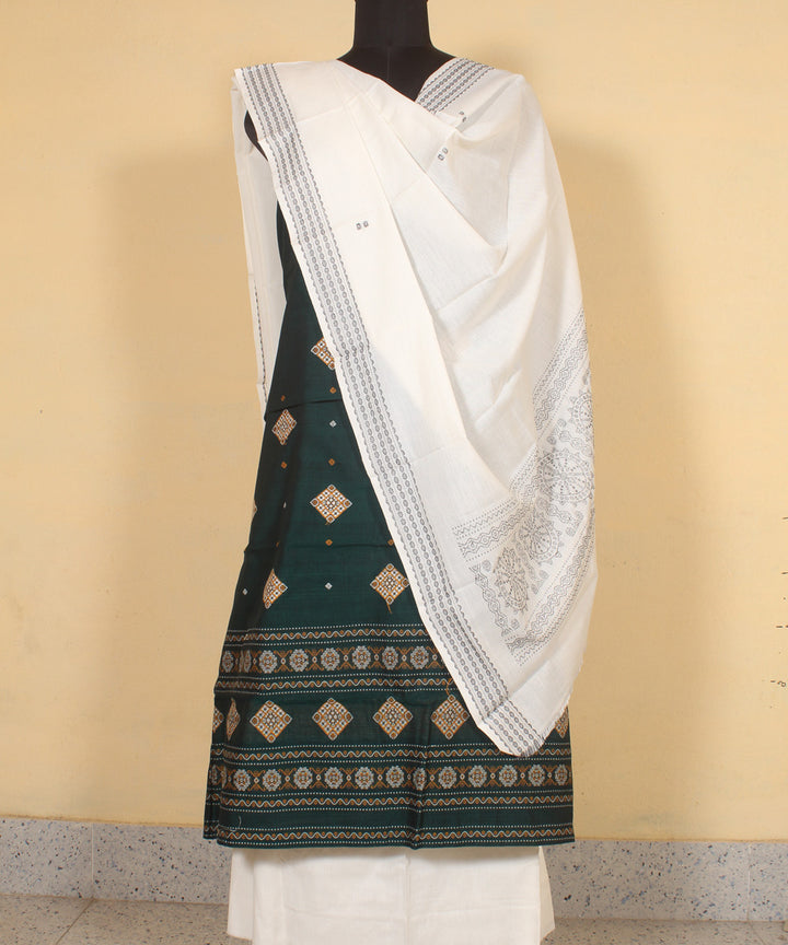 Dark green offwhite handwoven cotton bomkai dress material