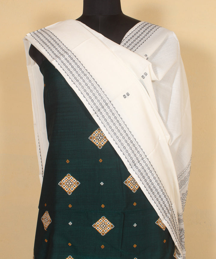 Dark green offwhite handwoven cotton bomkai dress material