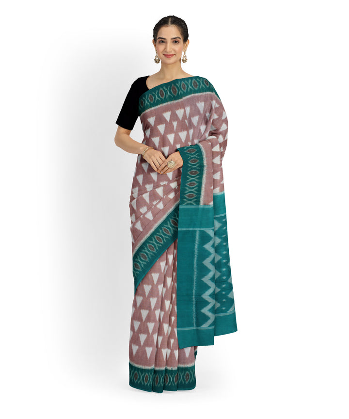 Brown green cotton handwoven pochampally ikat saree
