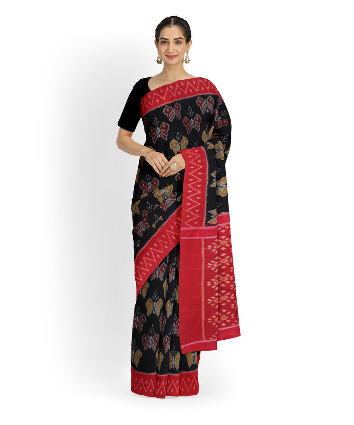 Black red cotton pochampally ikat handloom saree