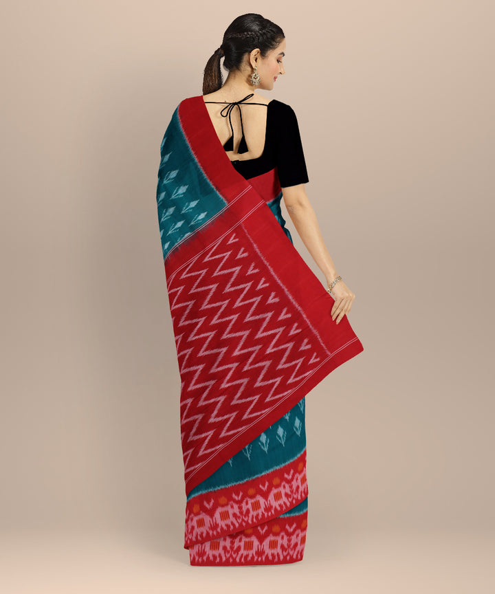 Dark green red handloom cotton pochampally ikat saree