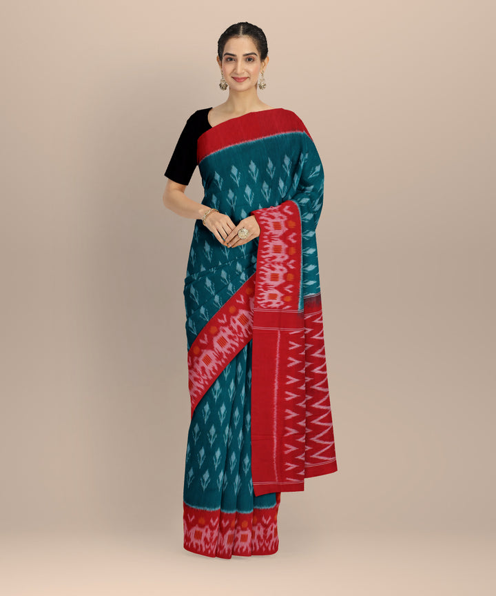 Dark green red handloom cotton pochampally ikat saree