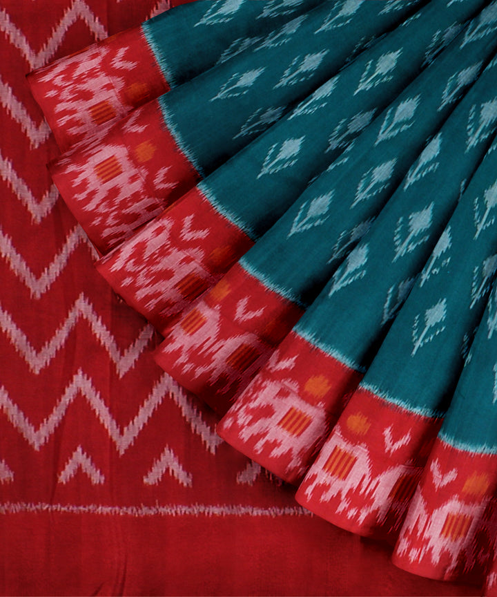 Dark green red handloom cotton pochampally ikat saree