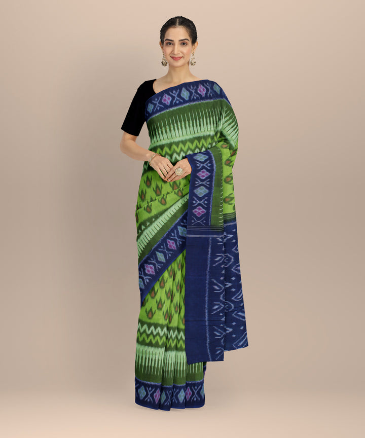 Lime green blue cotton handloom pochampally ikat saree