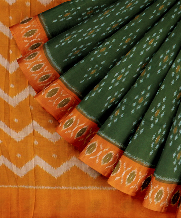 Dark green mustard handloom pochampally ikat cotton saree